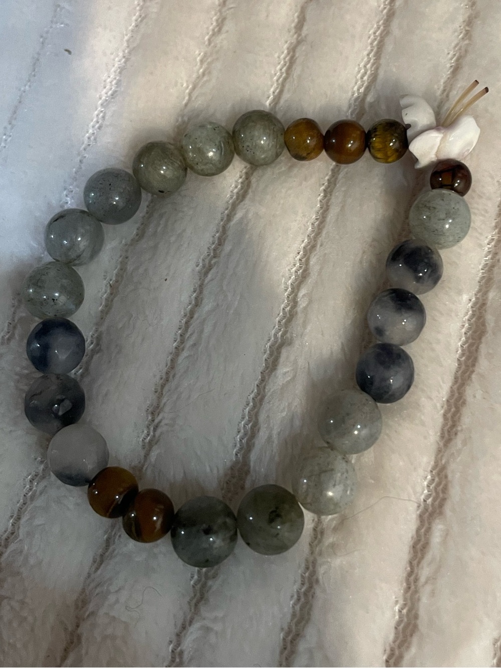 Mixed Natural Gemstone Bracelet – Labradorite, Tiger’s Eye & Shell Flower